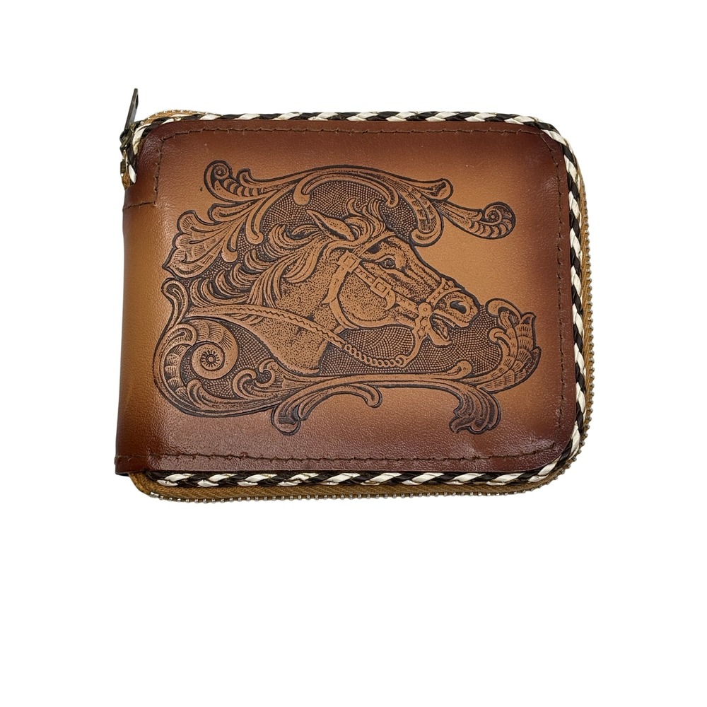 Vintage Treasurefold Valhyde Leather Horse Embossed Zip Wallet Brown Western